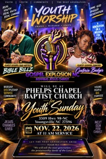 Flyer for Youth Sunday at Phelps Chapel Baptist Church, November 22, 2026, at the 11 AM service, with Gospel Explosion NC