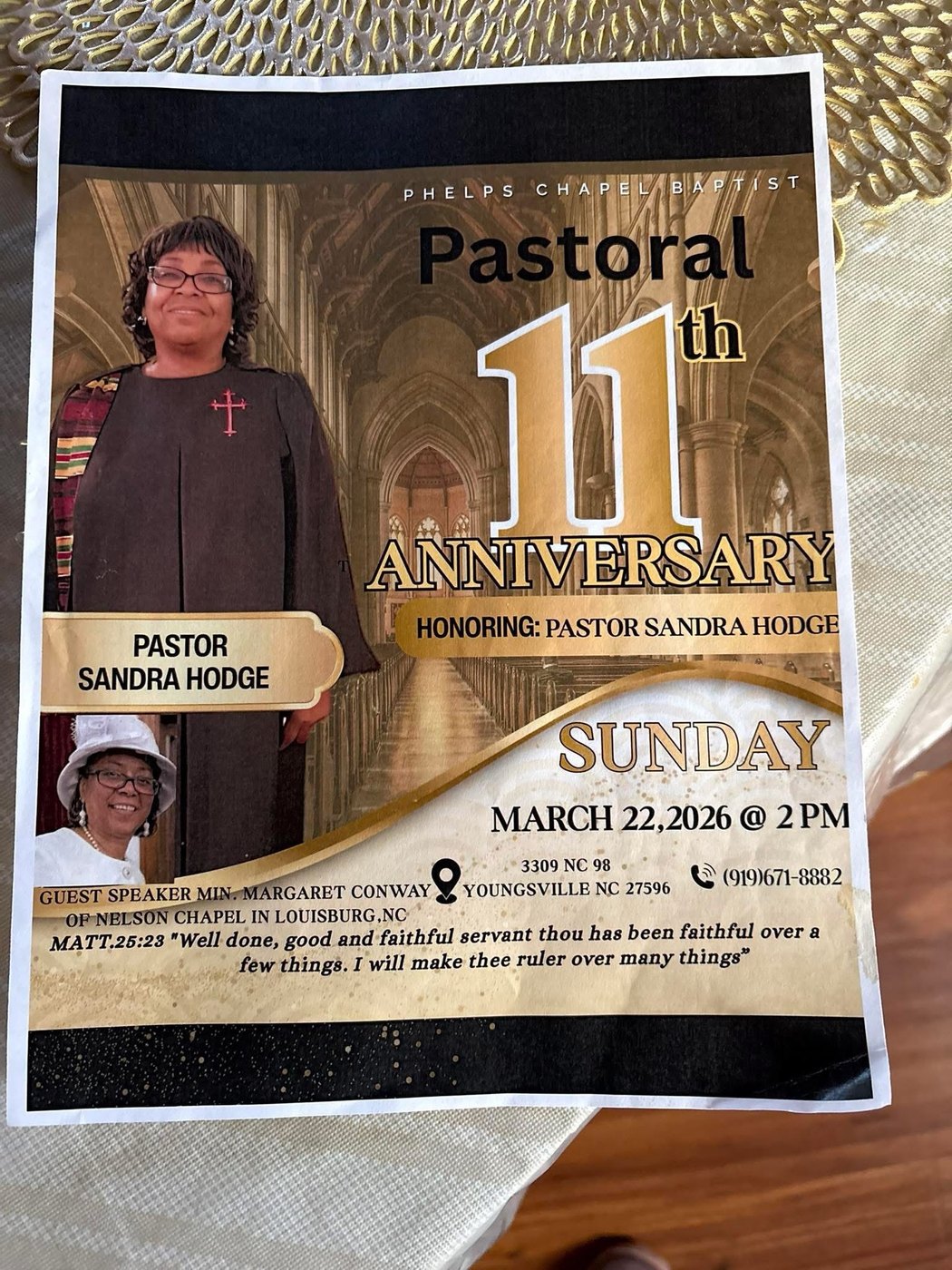 The printed program for Pastor Sandra Hodge's 11th pastoral anniversary, Sunday, March 22, 2026, at 2 PM